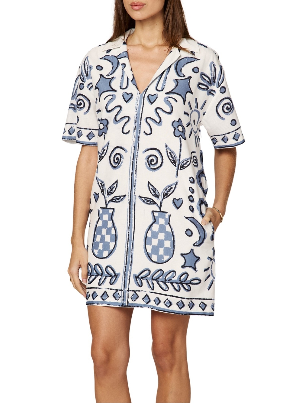 Cleobella White and Blue Printed Mini Dress SzS Gentle Used